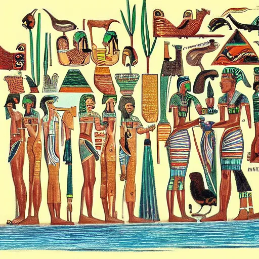 Image similar to egyptian peaceful by aquirax uno. a beautiful drawing of a group of creatures that looks like a mix of different animals. most of the creatures have human - like features, such as arms & legs, & some are standing upright while others are crawling or flying.