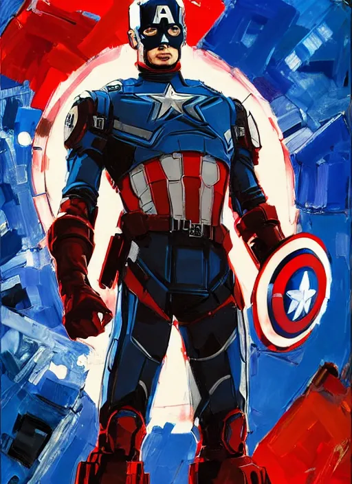 Prompt: marvel mcu captain america strange, wearing futuristic cybernetic battle armor, by ashley wood, yoji shinkawa, jamie hewlett, 6 0's french movie poster, french impressionism, vivid colors, palette knife and brush strokes, dutch angle