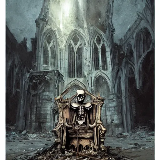 Image similar to Skeleton King wearing ragged clothes resting on a throne inside a ruined cathedral, oil painting, by Fernanda Suarez and Greg Rutkowski