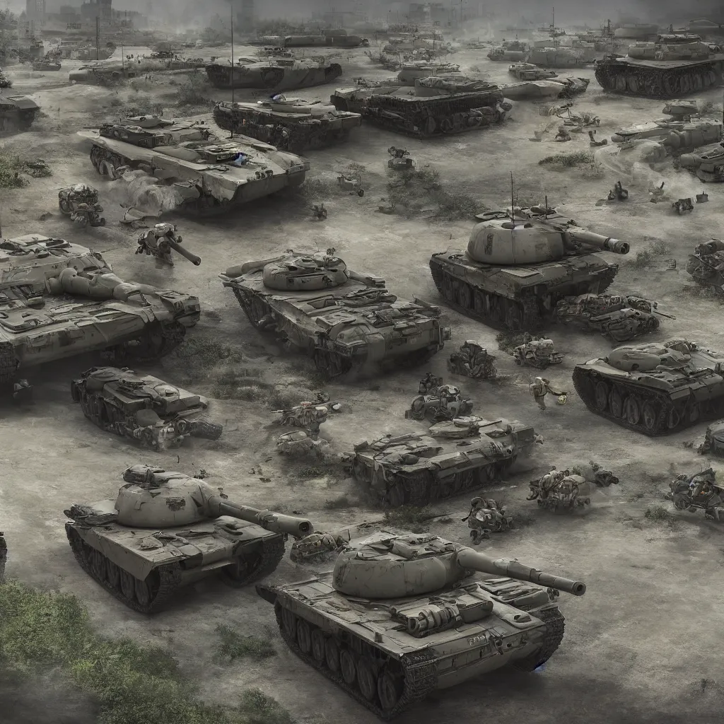 Image similar to war, urban battlefield, tanks, truck, infantry, view, detailed, cinematic, 3 d photorealistic, closeup