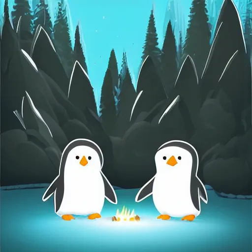 Image similar to two happy cute chibi penguins sitting around a campfire near a cave entrance to a mountain, there is a forest of trees in the background and a small frozen lake in the distance, trending on artstation, 3d digital artwork, cinematic lighting, 4K, very full detail, vector, amazing artwork, trending on Behance award-winning art, kawaii