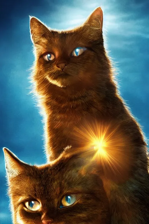 Image similar to a movie poster for warrior cats, depth of field, sun flare, hyper realistic, very detailed, backlighting, cgi, by wayne mclouglin