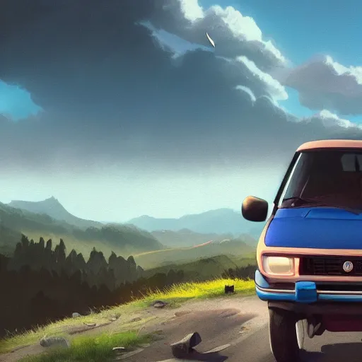 Image similar to blue fiat panda riding in mountains, dramatic light, clouds, artstation, hyper realistic, simon stalenhag