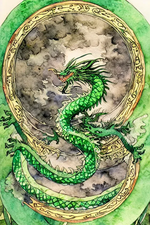 Image similar to green dragon watercolor painting in the center of a circular frame of leaves, art by walter crane and arthur rackham, illustration style, watercolor