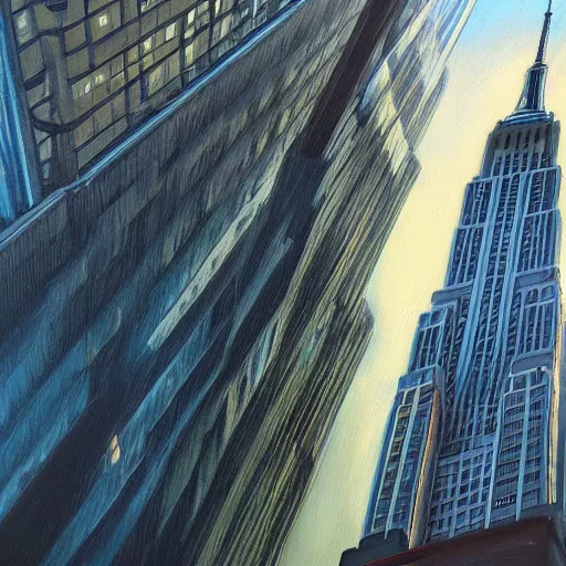 Image similar to an hyper - realist oil painting of water flowing from windows, the empire state building's windows, from below, wide angle, new york background, detailled, sharp focus, realistic, trending on artstation, cg society, 8 k, unreal