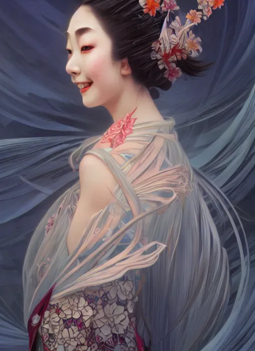 Image similar to ultra realistic illustration, smiling geisha prima ballerina, sci - fi, fantasy, symmetrical face, intricate, elegant, highly detailed, digital painting, artstation, concept art, smooth, sharp focus, illustration, art by artgerm and alphonse mucha