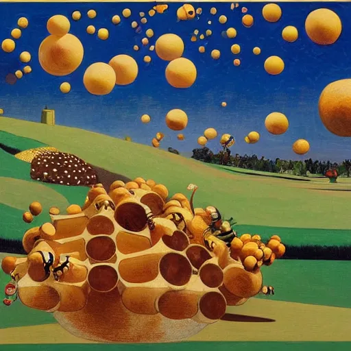 Image similar to giant cubes, spheres, bees, and pinecones fly through the air, as a tornado approaches, by takashi murakami, edward hopper, bo bartlett, wilson mclean, m. c. escher, vincent van gogh, olivia bee, and matthew willey, artstation