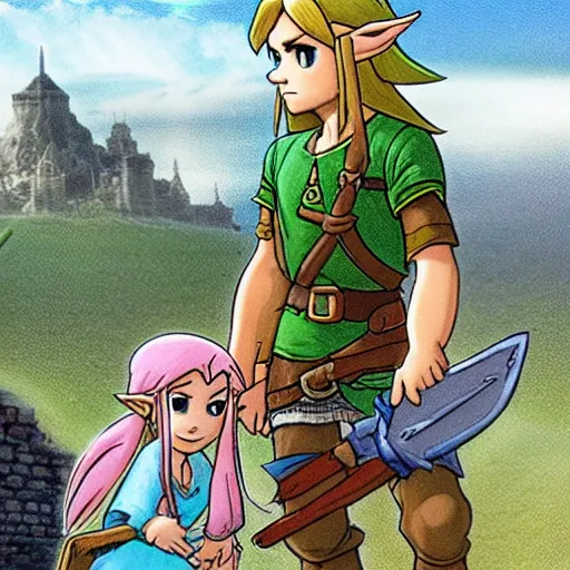 Prompt: link and Zelda visiting minas tirith together