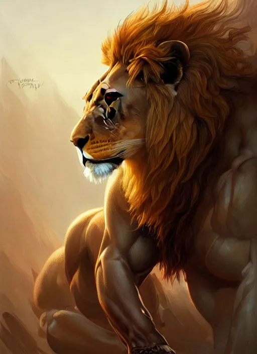 Image similar to portrait of aggressive lion humanoid, d & d, muscular!, fantasy, intricate, elegant, highly detailed, digital painting, artstation, concept art, smooth, sharp focus, illustration, art by artgerm and greg rutkowski and alphonse mucha