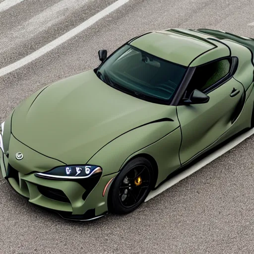 Image similar to Matte olive green Toyota Supra mk5 on highway, hyper realistic, car photography, 8k,