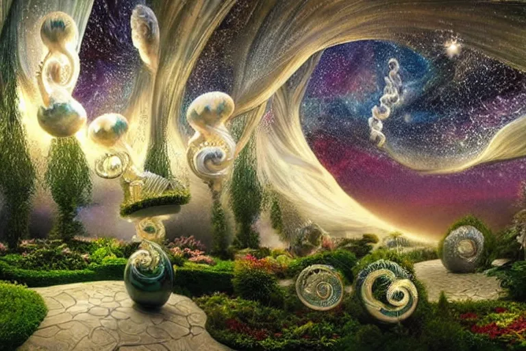 Image similar to a flock of intricate elegant tuba cloud sculptures, art nouveau garden environment, soothing, milky way, award winning art, epic dreamlike fantasy landscape, ultra realistic,