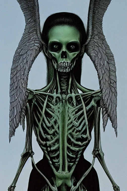 Image similar to creepy portrait of a skeletal zombie female green winged angel by wayne barlowe