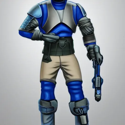 Image similar to a futuristic soldier captain with a metal visor and a blue shoulderpad