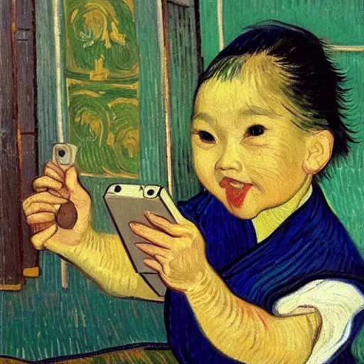 Prompt: A lovely asian baby girl sitting, toy in hand, selfie, big smile, art by Vincent van Gogh