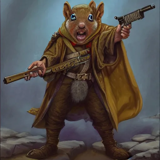 Image similar to a dnd character, a squirrel wizard holding a gun, by Alex horley