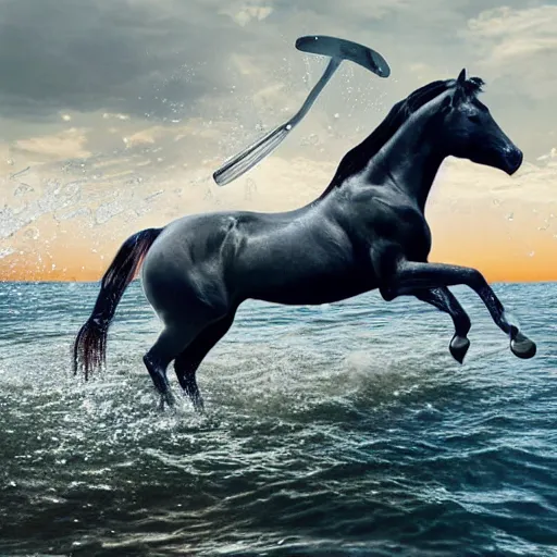 Image similar to horse swimming in the ocean with fork and knife, photorealistic, high detail