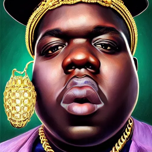 Prompt: highly detailed portrait of an notorious big wearing a gold crown and gold chains and brandishing a pistol, big eyes, realistic portrait, symmetrical, highly detailed, digital painting, artstation, concept art, smooth, sharp focus, illustration, cinematic lighting, art by artgerm and greg rutkowski and alphonse mucha