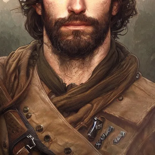 Image similar to portrait of a rugged bearded male ranger, D&D, fantasy, intricate, elegant, highly detailed, digital painting, artstation, concept art, smooth, sharp focus, illustration, art by artgerm and greg rutkowski and alphonse mucha