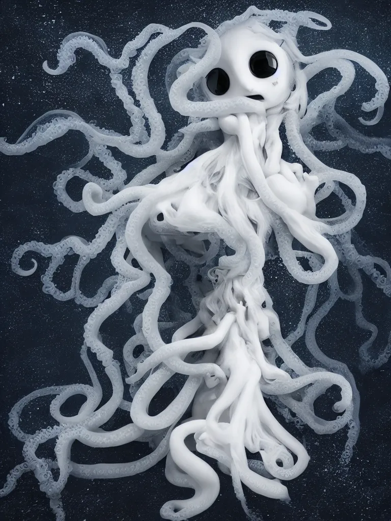 Prompt: cute fumo plush gothic translucent octopus maiden alien girl combing her hair in the waves of the wavering dark galactic abyss, ocean wave thunderstorm and reflective splashing water, black and white, ocean simulation, vignette, vray