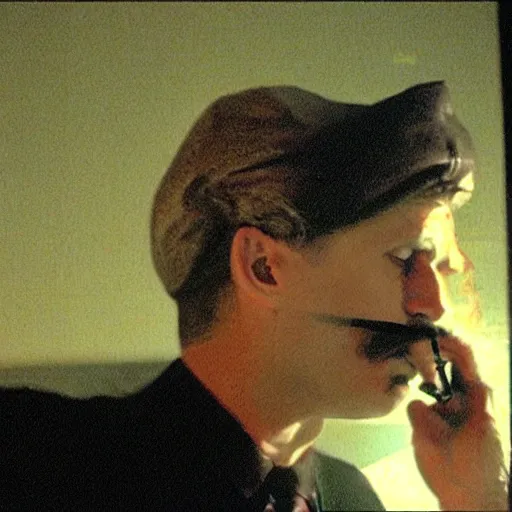 Image similar to Mario smoking a cigarette in a David Lynch film aesthetic!!!