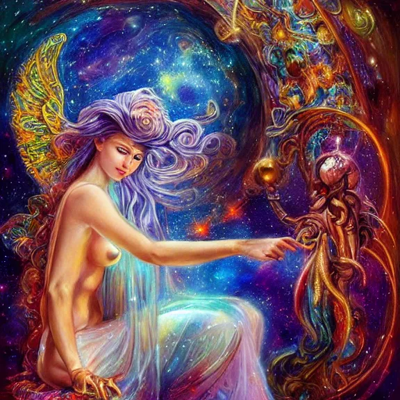 Image similar to a goddess of hubble space telescope images checking her phone, magic realism, art by josephine wall, art by huang guangjian, art by viktoria gavrilenko, art by amanda sage, trending on artstation