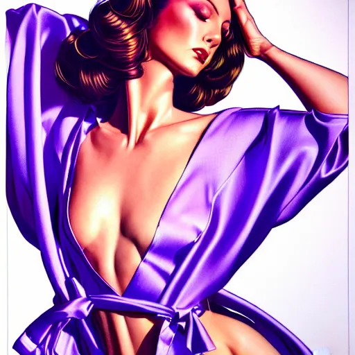 Image similar to woman wearing a light purple silk robe, blue sky, art by peter lloyd, art by peter palombi 1 9 8 0, airbrush style, art by hajime sorayama,, intricate, elegant, sharp focus, illustration, highly detailed, concept art, matte, sharp focus, illustration, highly detailed, concept art, h 6 4 0