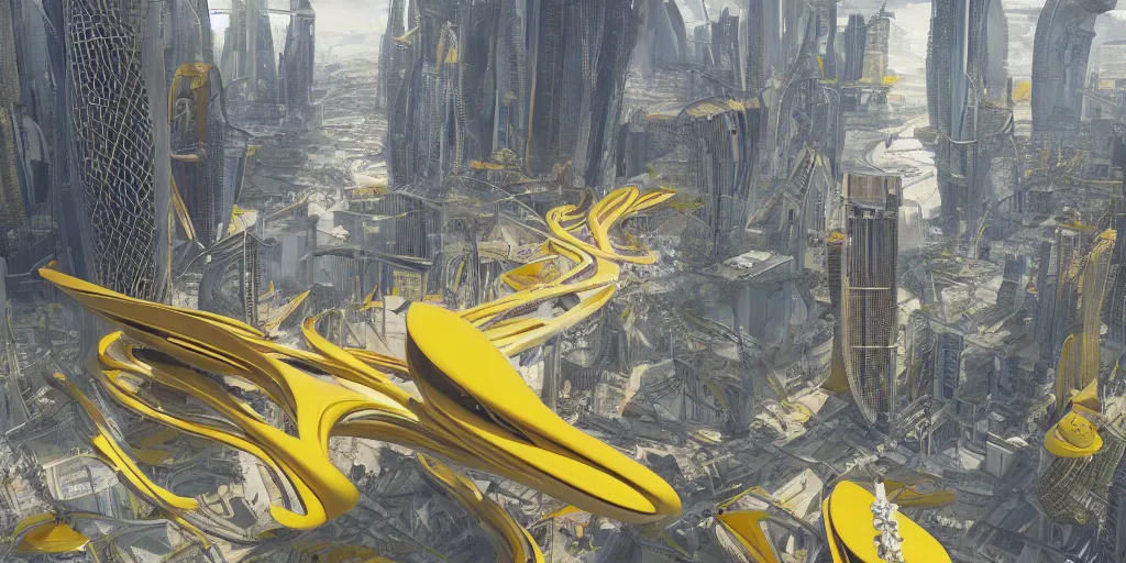 Prompt: a beautiful hyper realistic photograph, octane render, architectural render of utopia megaestrutura of cyberpunk, by norman foster + zaha hadid, extremely detailed, chartpak ad markers, pastel color, yellow and orange color scheme, 8 k,