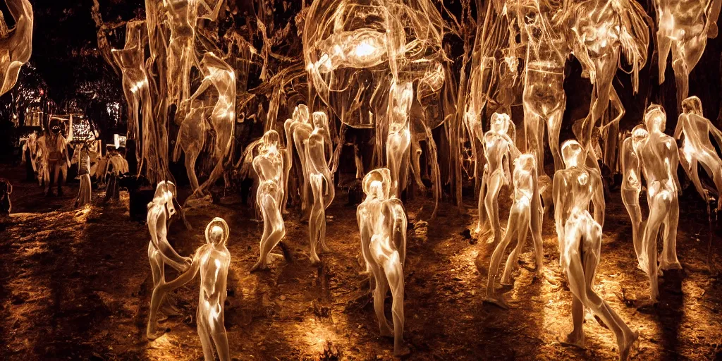 Image similar to love, translucent people with glowing body paint, from behind, rebirth, wide angle, cinematic atmosphere, elaborate, highly detailed, dramatic lighting