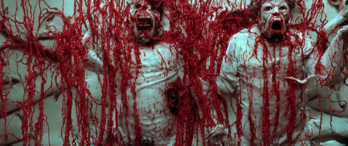 Prompt: filmic extreme wide shot movie still 4 k uhd interior 3 5 mm film color photograph of a hairy man with torn bloody clothes red noodles slime and tentacles coming out of his chest grabbing a scientist in a lab coat who is screaming oh my god and looking up for help, in the style of the horror film the thing 1 9 8 2