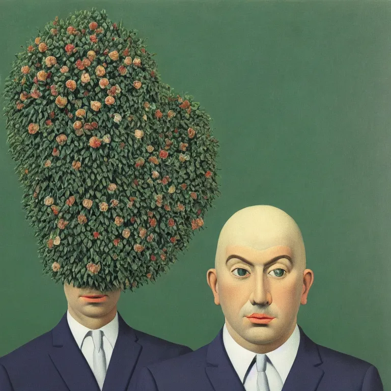 Image similar to portrait of a flower - head man by rene magritte, detailed painting, distance, centered, hd, hq, high resolution, high detail, 4 k, 8 k