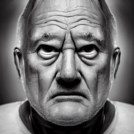Prompt: symmetrical, close up face portrait of Papa Smurf, scowling, studio lighting, depth of field, photography, black and white, highly detailed