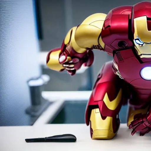 Prompt: iron man working at a corporate office