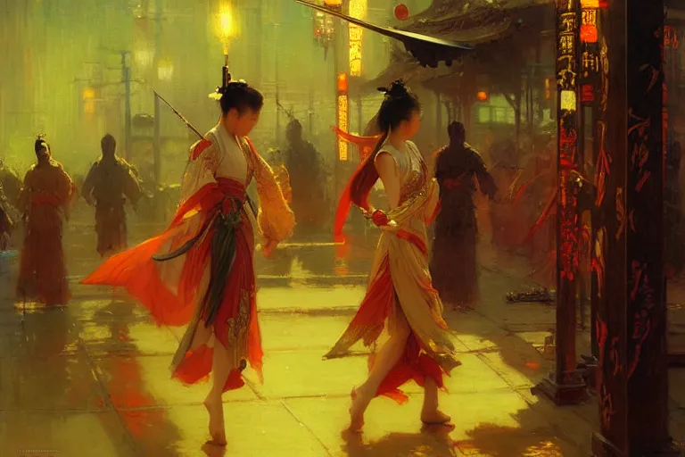 Prompt: wuxia, spring, neon light, painting by gaston bussiere, craig mullins, j. c. leyendecker