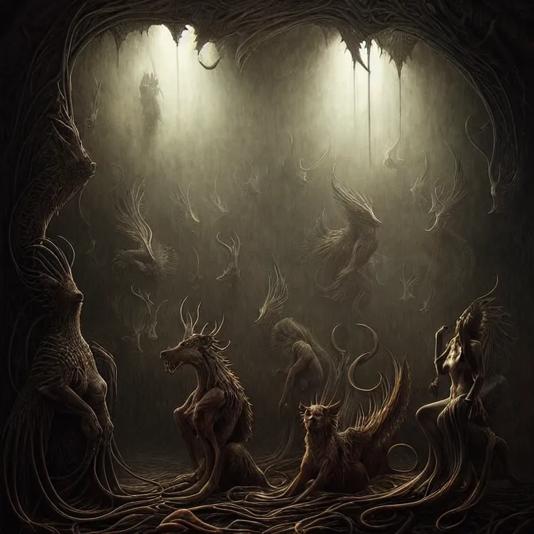 Prompt: epic professional digital art of hungry mystical creatures, moody atmospheric lighting, painted, intricate, detailed, foreboding, by leesha hannigan, wayne haag, reyna rochin, ignacio fernandez rios, mark ryden, iris van herpen,, epic, stunning, gorgeous, much wow, cinematic, masterpiece.