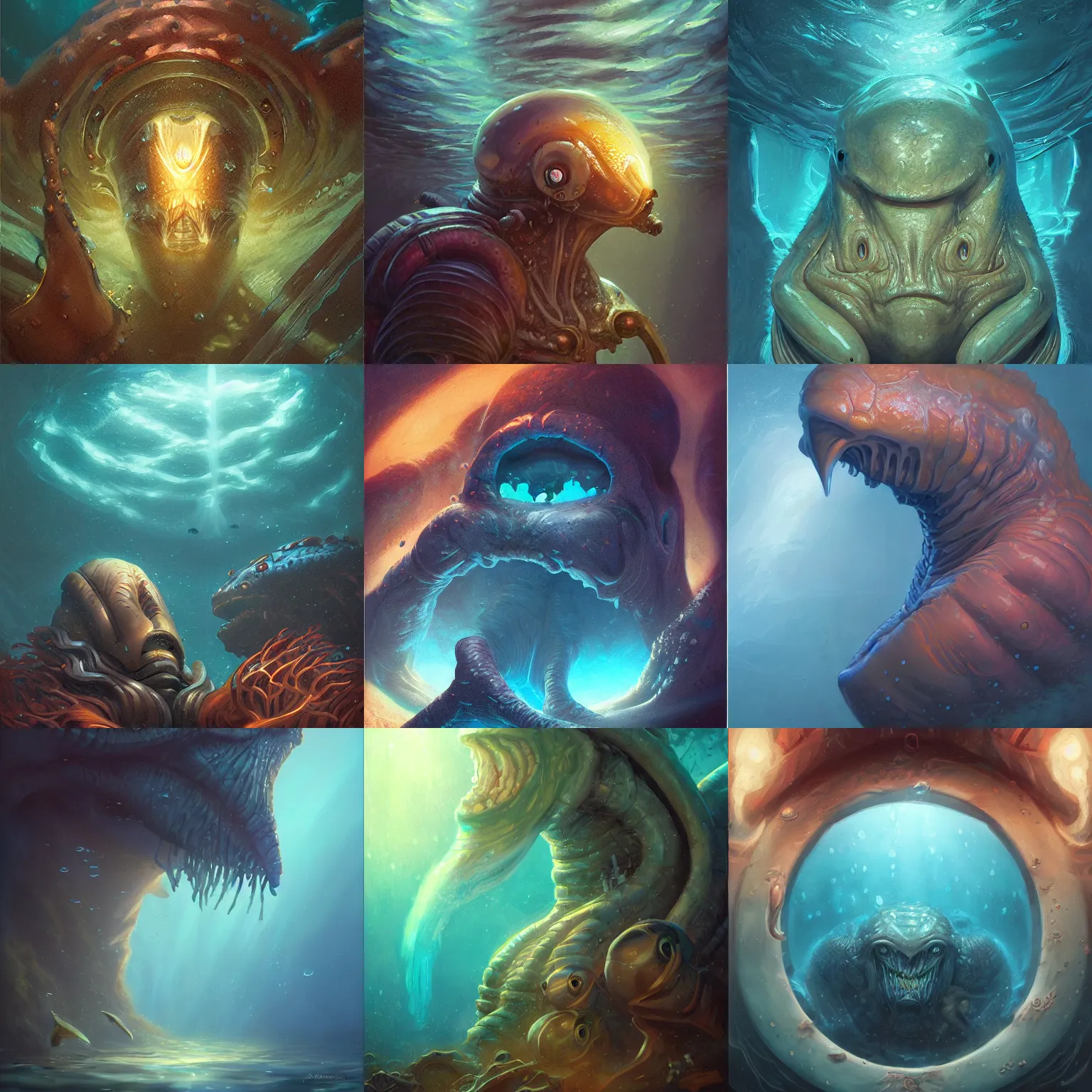 Prompt: aquatic extraterrestrial portrait, three quarter view, gills, underwater, dramatic lighting, painted by andreas rocha