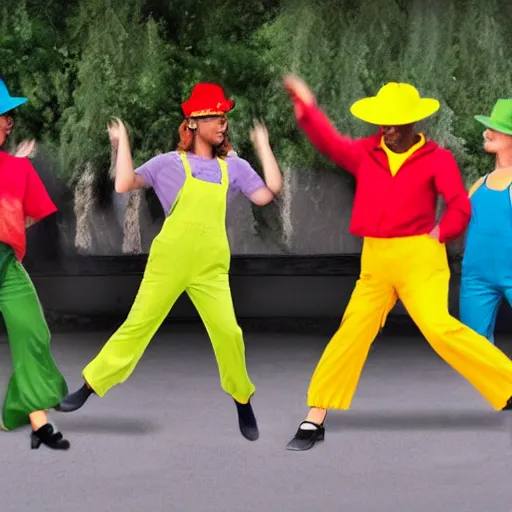 Prompt: realistic photograph of a bright yellow cat wearing 'red hat', 'green shirt' and 'blue overalls' dancing in a parking lot