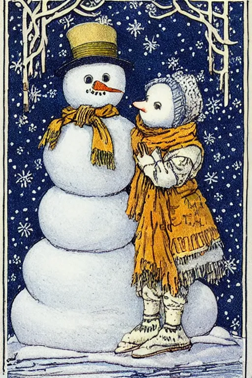 Prompt: victorian snowman illustration greeting card by walter crane