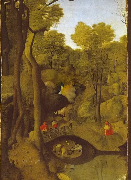 Image similar to unknown being in the river, the water broke ahead obeying the movement of a strong being. medieval painting by Jan van Eyck, Johannes Vermeer, forest,