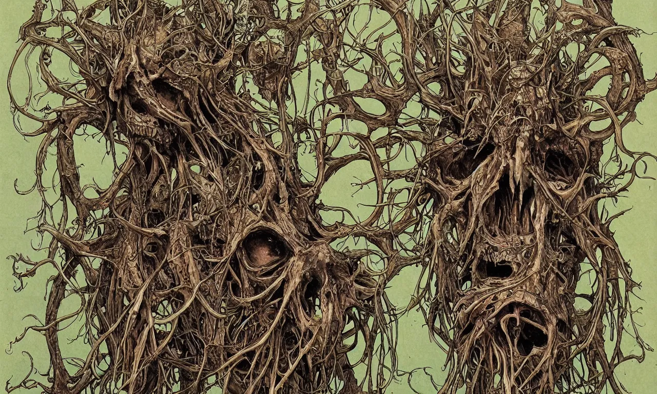 Image similar to hyperdetailed art nouveau portrait of treebeard as a cthulhu eyeball moose skull wendigo cryptid monster, by geof darrow, simon bisley and bill sienkiewicz, grim yet sparkling atmosphere, photorealism, claws, skeleton, antlers, fangs, forest, wild, bizarre, scary, lynn varley, lovern kindzierski, steve oliff