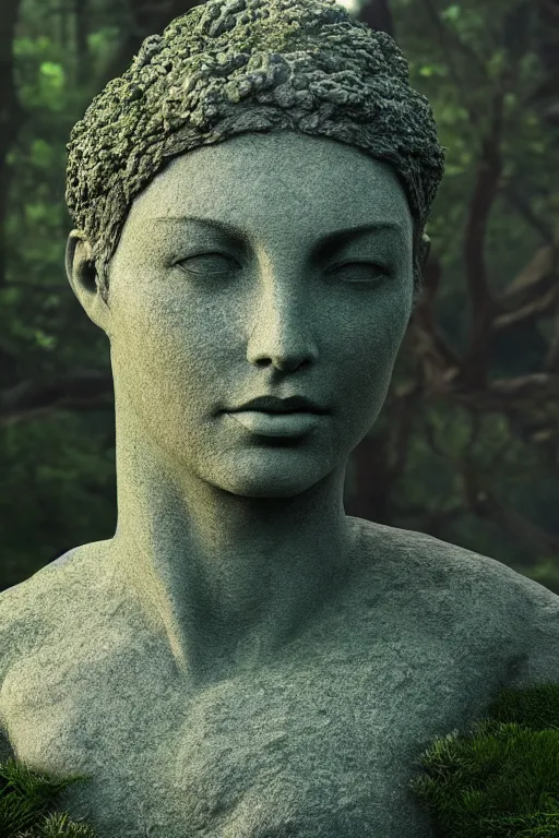 Image similar to giant stone statue of a goddess head, mossy stone, deep jungle, octane render, unreal engine, trending on artstation, ultra detailed, realistic, cinematic lighting, astmopheric, 8 k