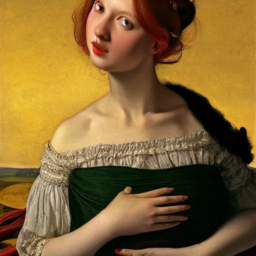 Prompt: a highly detailed, hyper realistic red haired young woman, white romantic dress with intricate details, among golden fireflies, long hair, green eyes, hint of freckles, round gentle face, cheeky smile, deep focus, elegant, smooth, sharp, golden ratio, digital painting, art by artemisia lomi gentileschi and caravaggio