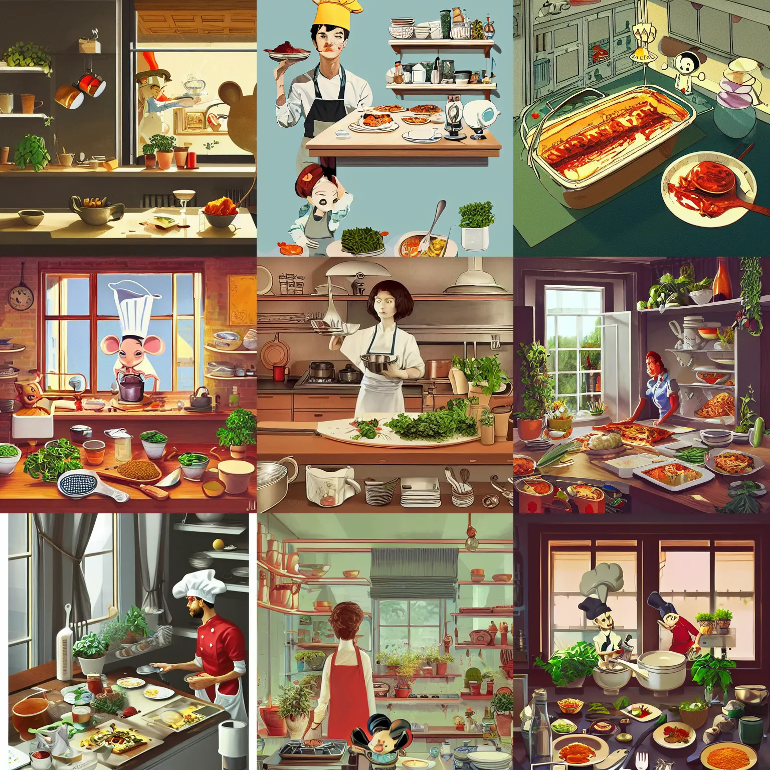 Prompt: mouse chef, kitchen, cooking lasagne, spoon, pots, knifes, stove, kitchen counter, window, shelves, refrigerator, parsley, spices, plants, dramatic light, illustration by James Jean, Ilya Kuvshinov, Loish Van Baarle, highly detailed