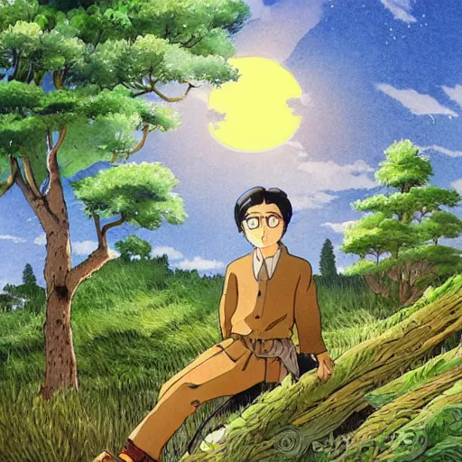 Prompt: castle in the sky hayao miyazaki stands in a small clearing among trees, sun, grass, watercolor illustration for a book