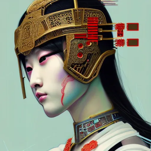 Image similar to a portrait of a female cyberpunk machine, machine face, upper half portrait, decorated with chinese opera motifs, asian, fine china, wuxia, traditional chinese art, intricate, elegant, highly detailed, symmetry, headpiece, digital painting, artstation concept art smooth sharp focus, illustration, art by artgerm and greg rutkowski alphonse mucha 8 k