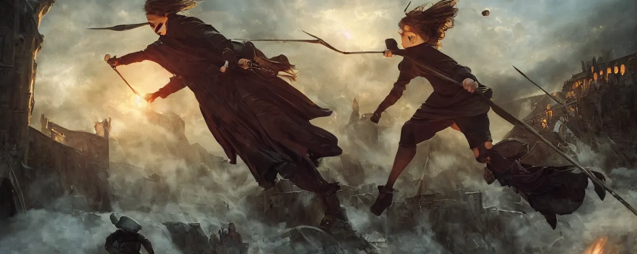 Image similar to most epic dramatic quidditch game. epic cinematic hyperrealism masterpiece. realistic poster with shaded lighting by craig mallismo, artgerm, jeremy lipkin and michael garmash, unreal engine, radiant light, detailed and complex environment, digital art, art station trends