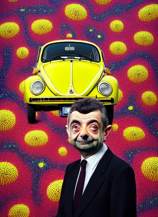 Image similar to hyper detailed 3d render like a Oil painting muted colors - slightly silly portrait of Rowan Atkinson cross eyed as Mr. Bean atop his yellow beetle in Aurora seen tickling of the Strangling network of yellowcake aerochrome and milky Fruit and Her delicate Hands hold of gossamer polyp blossoms bring iridescent fungal flowers whose spores black the foolish stars by Jacek Yerka, Mariusz Lewandowski, Houdini algorithmic generative render, Abstract brush strokes, Masterpiece, Edward Hopper and James Gilleard, Zdzislaw Beksinski, Nicoletta Ceccoli, Wolfgang Lettl, hints of Yayoi Kasuma, octane render, 8k