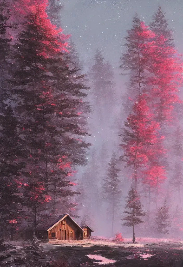 Prompt: trees with pink leaves, stars, snowpatches, autumn, modern cabin, artstation, jakub rozalski, high detail, dramatic lighting