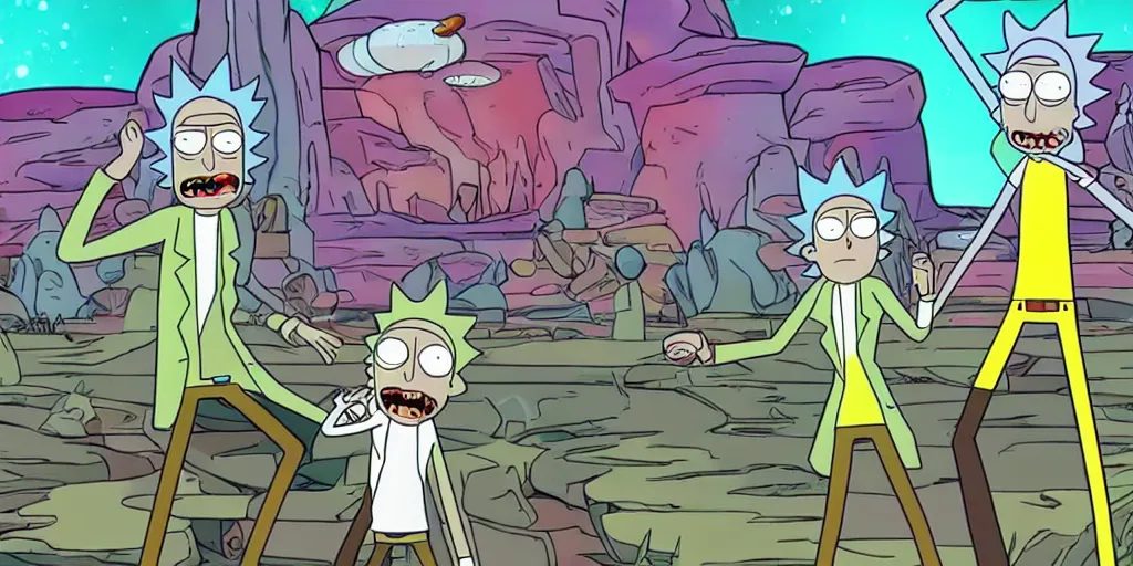 Image similar to rick and morty adventure, battling aliens