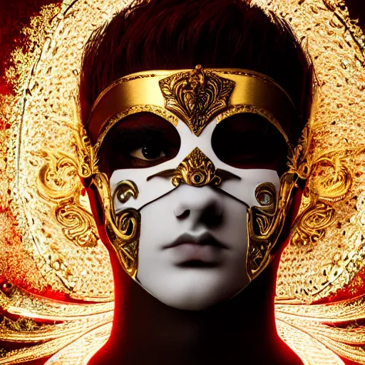 Prompt: portrait of a red king, sharp focus, black hair, full body, highly detailed, intricate, masked, white, regal clothing, gold ethereal light, high fantasy, pop art style
