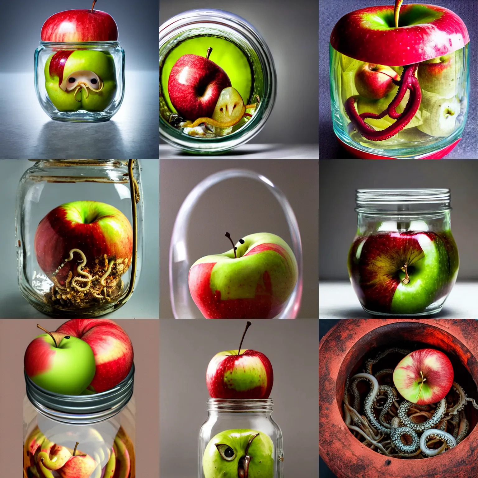 Prompt: rotten apple with tentacles coming out of it inside a glass jar